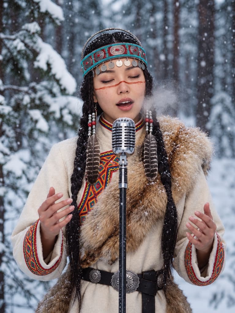 UYANA singing into a vintage microphone in a snowy forest, her breath steaming in the cold air