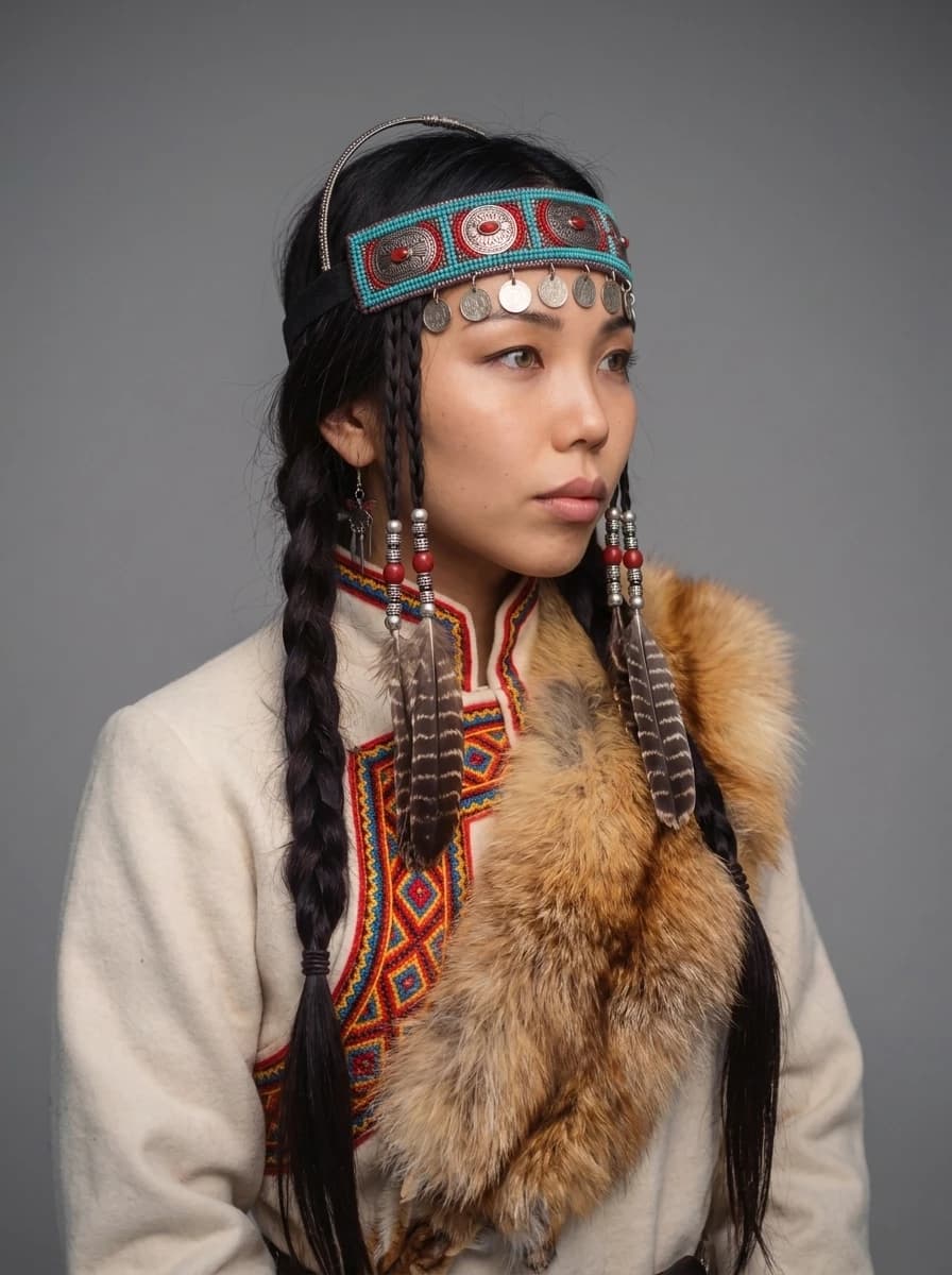Studio portrait of UYANA in profile with long braids, feathers and turquoise earrings