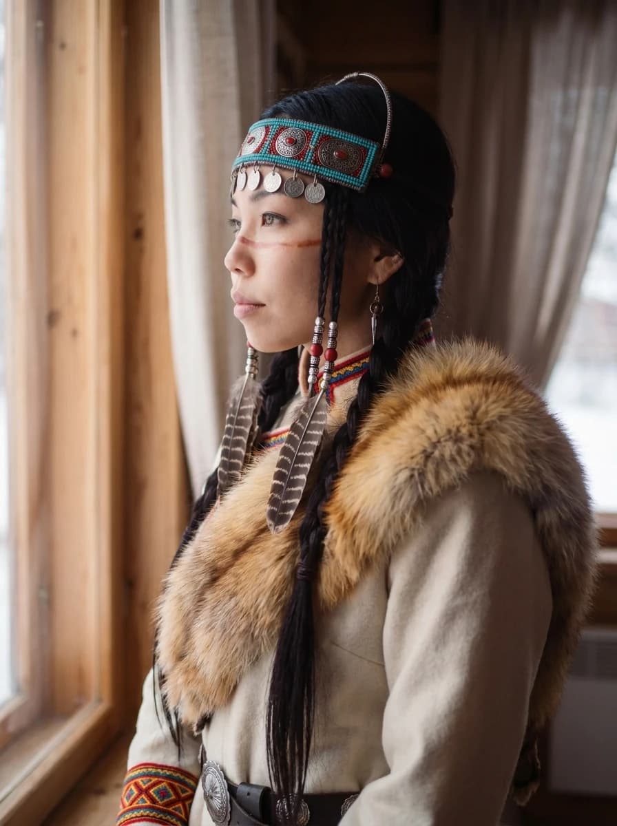 UYANA by a wooden window in winter light, wearing a fox fur and a turquoise headband