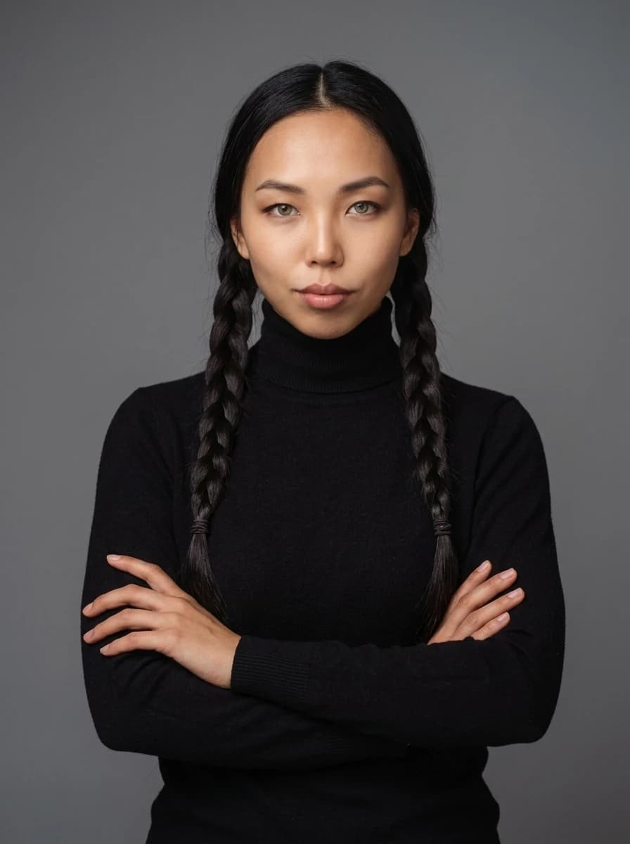 UYANA in a black turtleneck with her arms crossed and two long braids