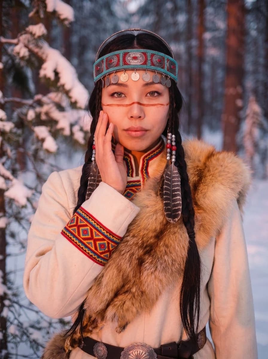 UYANA in golden evening light in a snowy forest, her hand on her cheek