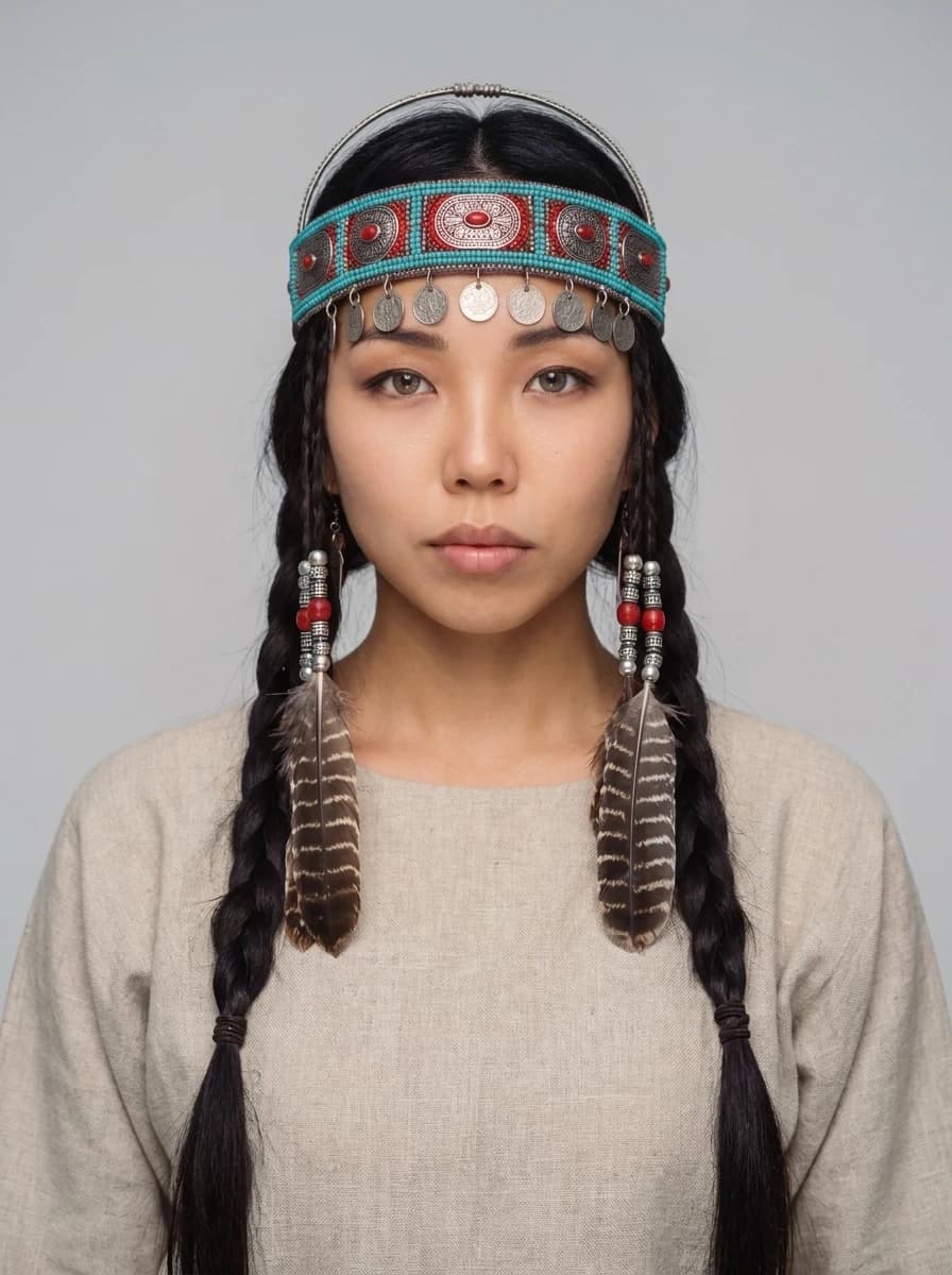 Studio portrait of UYANA facing the camera, a turquoise beaded headband with silver coins and feathers in her braids