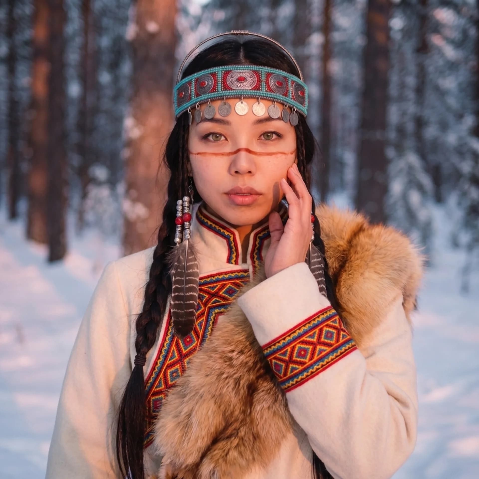 UYANA with long braids, a turquoise headband and feathers, in a snowy forest at sunset